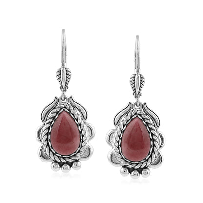 Sterling Silver Rhodonite Pear-Cut Rope Design Lever Back Earrings