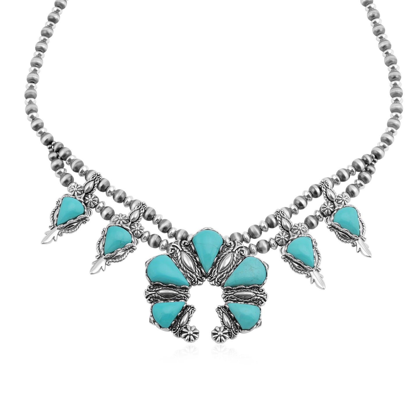 Sterling Silver Kingman Turquoise Pear Gemstone Squash Blossom Necklace, 17 to 20 Inches