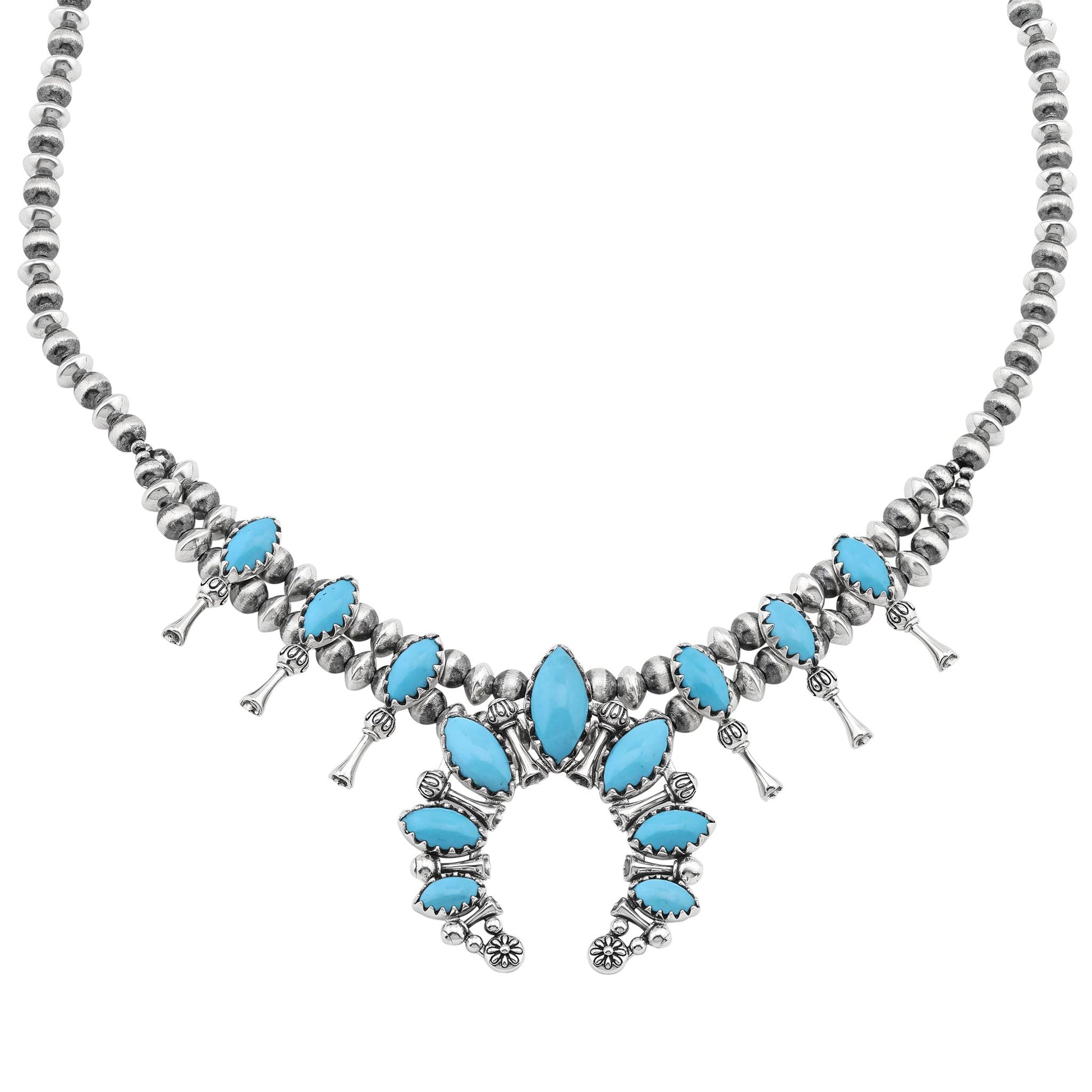  Sterling Silver Sleeping Beauty Turquoise Marquise-Cut Squash Blossom Necklace 