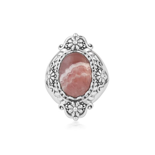  Sterling Silver Rhodochrosite Oval Scalloped Concha Ring