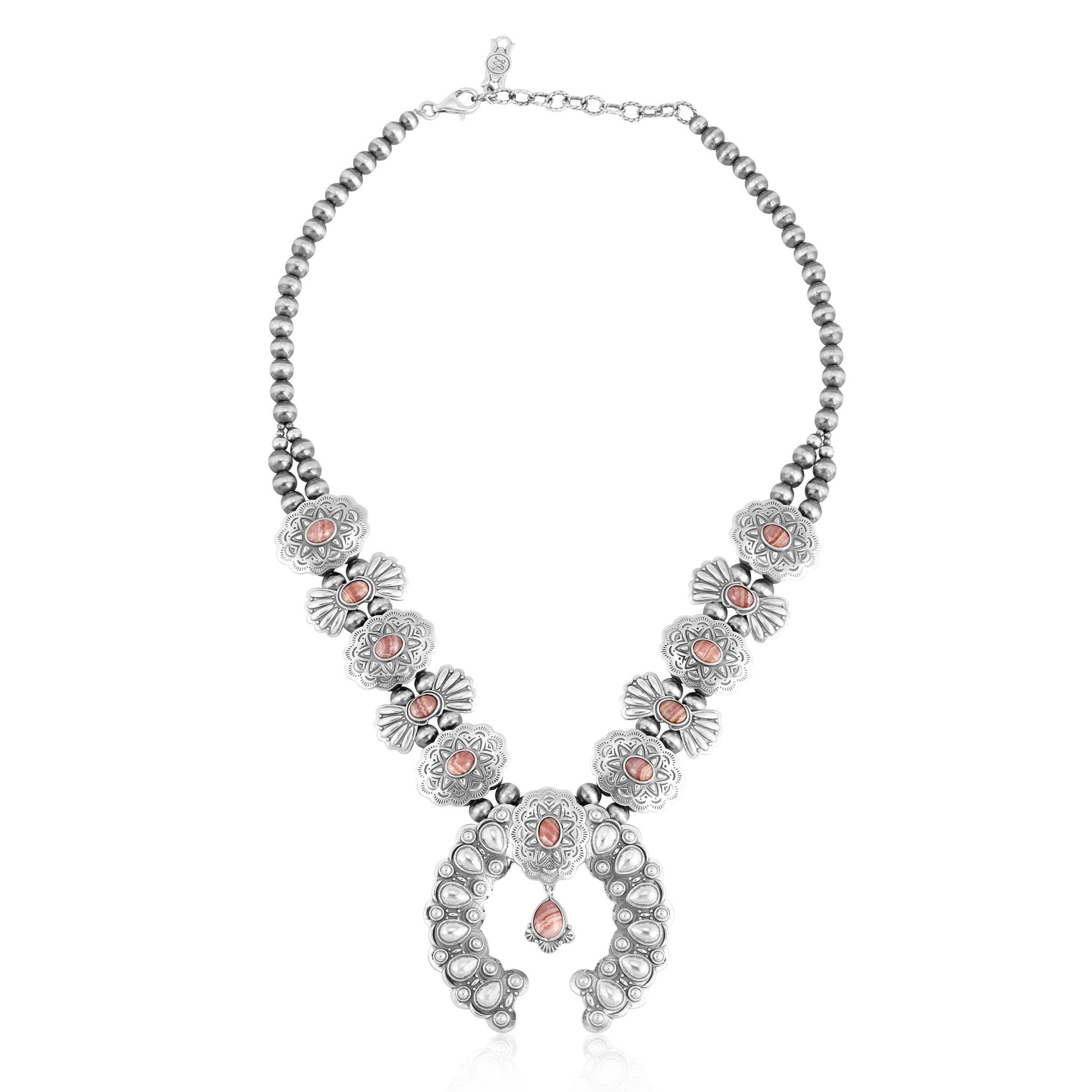 Sterling Silver Rhodochrosite Concha Butterfly Squash Blossom Necklace