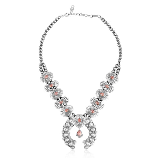 Sterling Silver Rhodochrosite Concha Butterfly Squash Blossom Necklace
