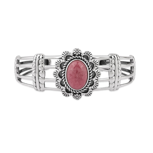 Sterling Silver Rhodonite Oval Scallop Open Cuff Bracelet