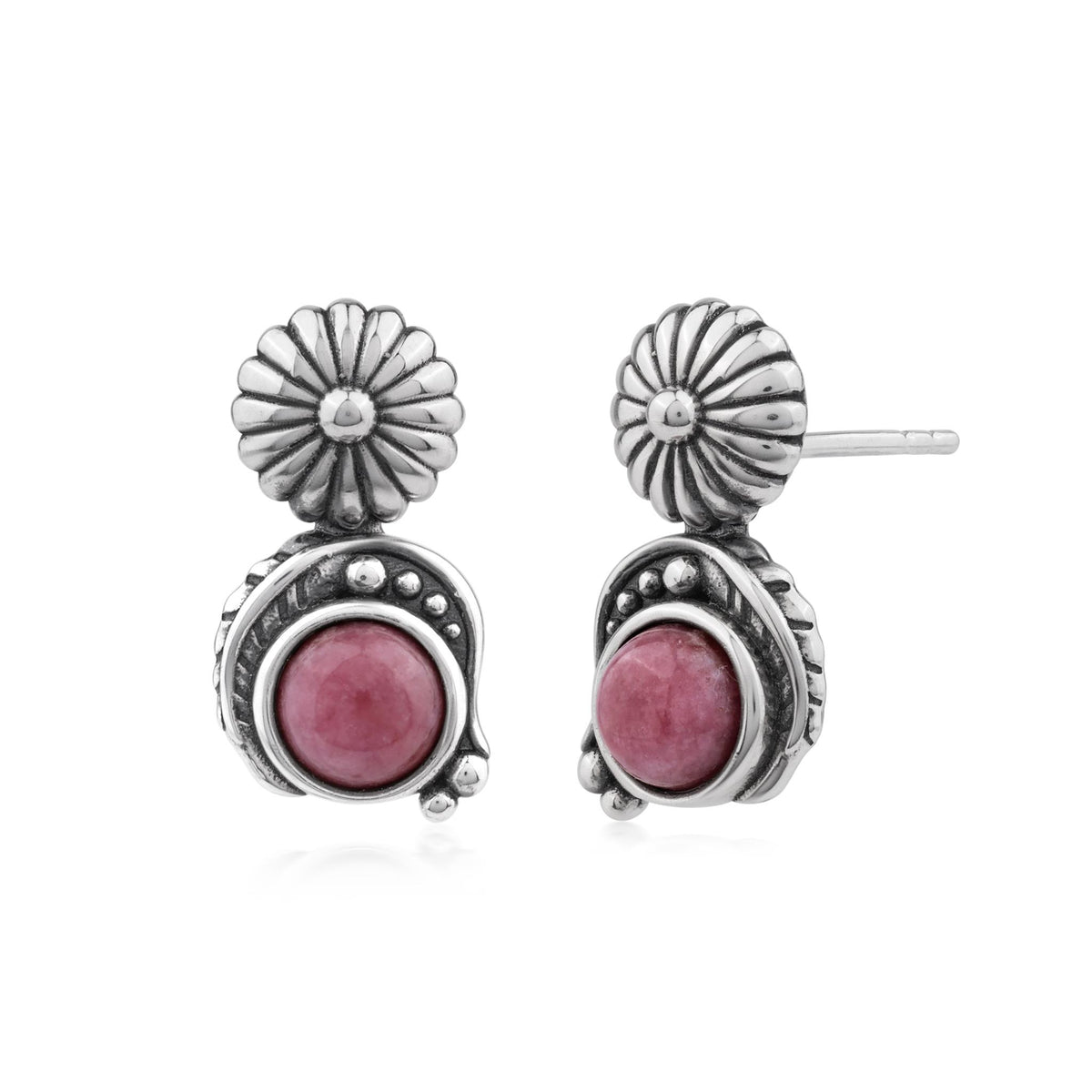 Sterling Silver Rhodonite Leaf and Concha Gemstone Post Earrings