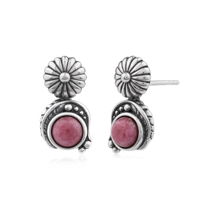 Sterling Silver Rhodonite Leaf and Concha Gemstone Post Earrings