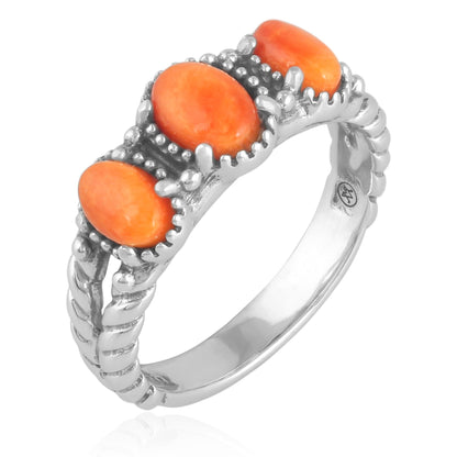 Sterling Silver Orange Spiny Oyster Gemstone 3-Stone Ring, Sizes 5 to 10