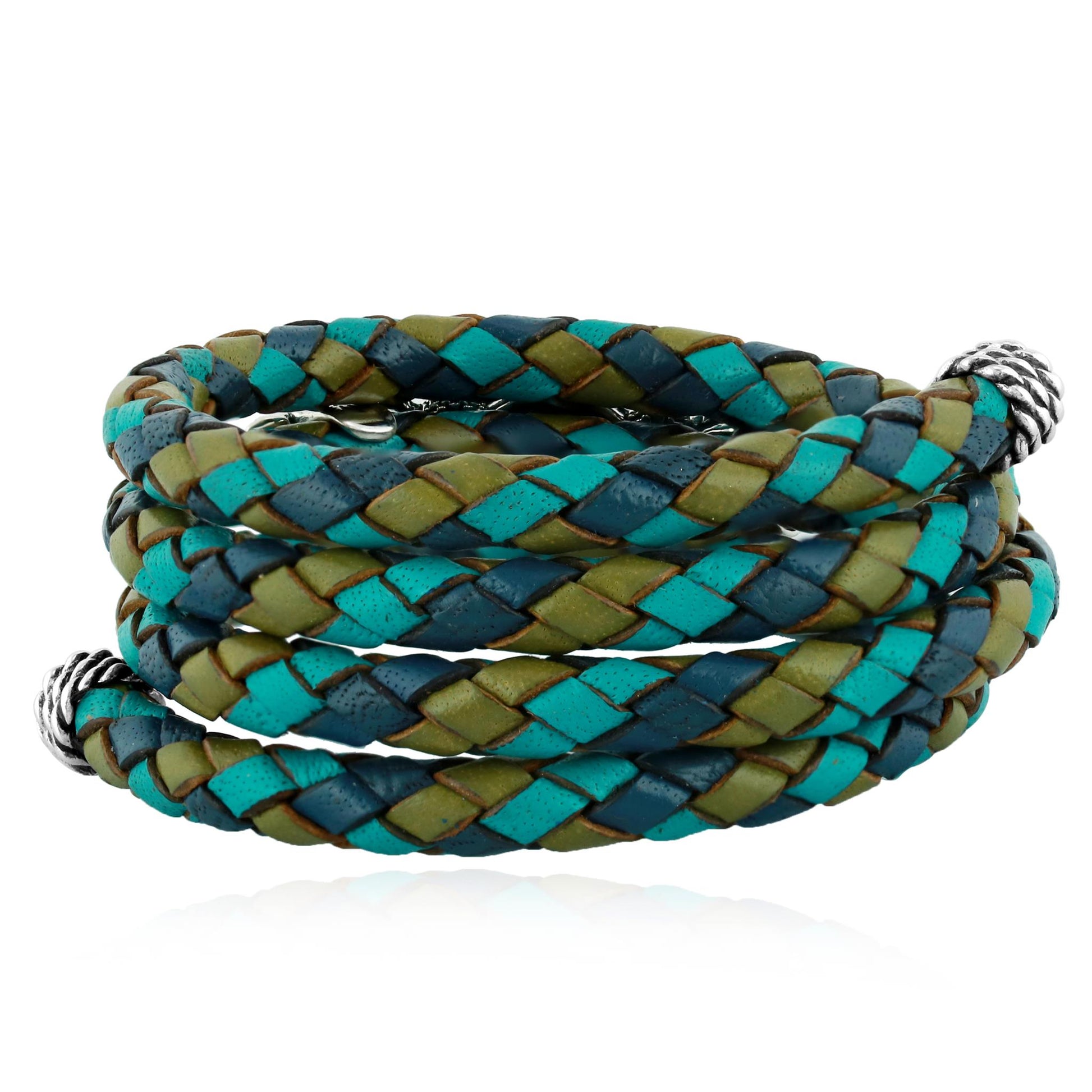 Sterling Silver Serpentine and Lapis Blue Tonal Braided Leather Wrap Bracelet