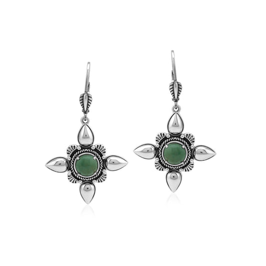 Sterling Silver Green Turquoise Compass Star Lever Back Earrings