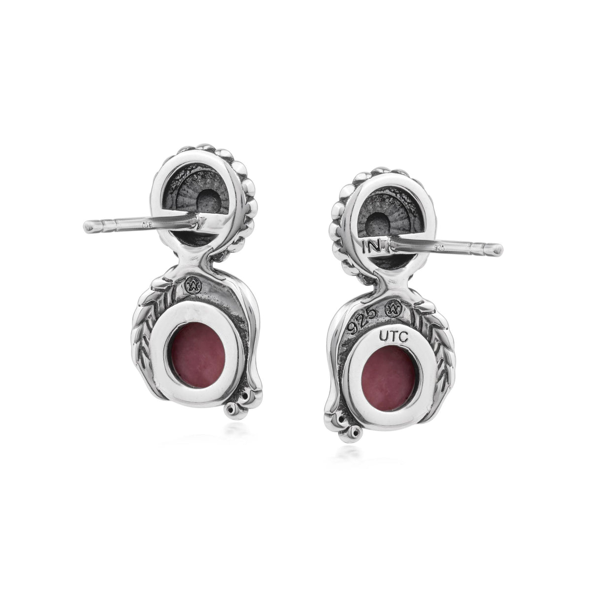 Sterling Silver Rhodonite Leaf and Concha Gemstone Post Earrings