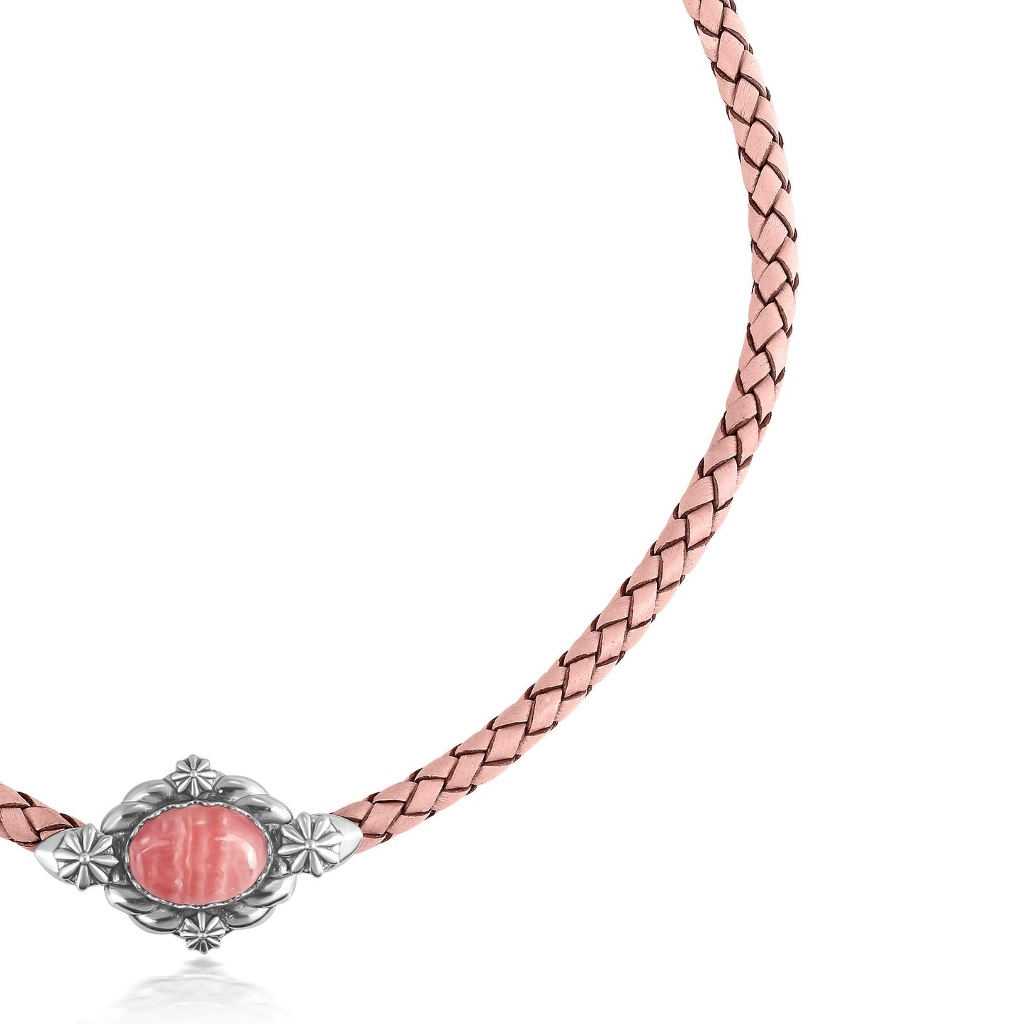 Sterling Silver Rhodochrosite Pink Braided Leather Necklace, 17 to 20 Inches