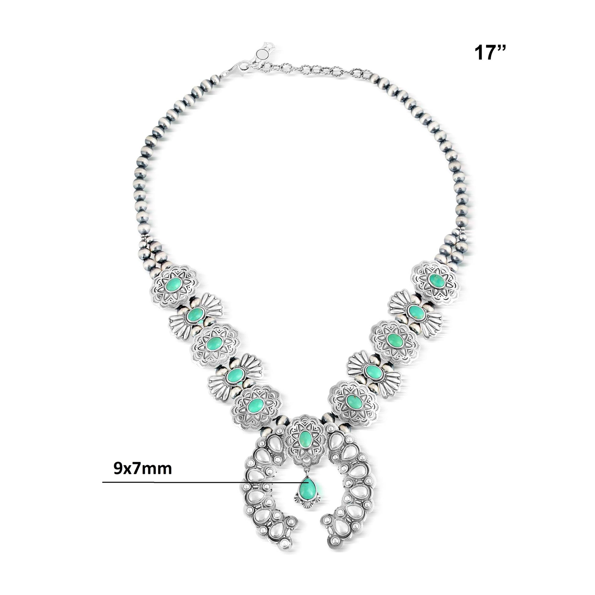 Sterling Silver Green Turquoise Concha Butterfly Squash Blossom Necklace