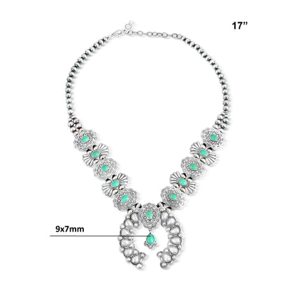 Sterling Silver Green Turquoise Concha Butterfly Squash Blossom Necklace