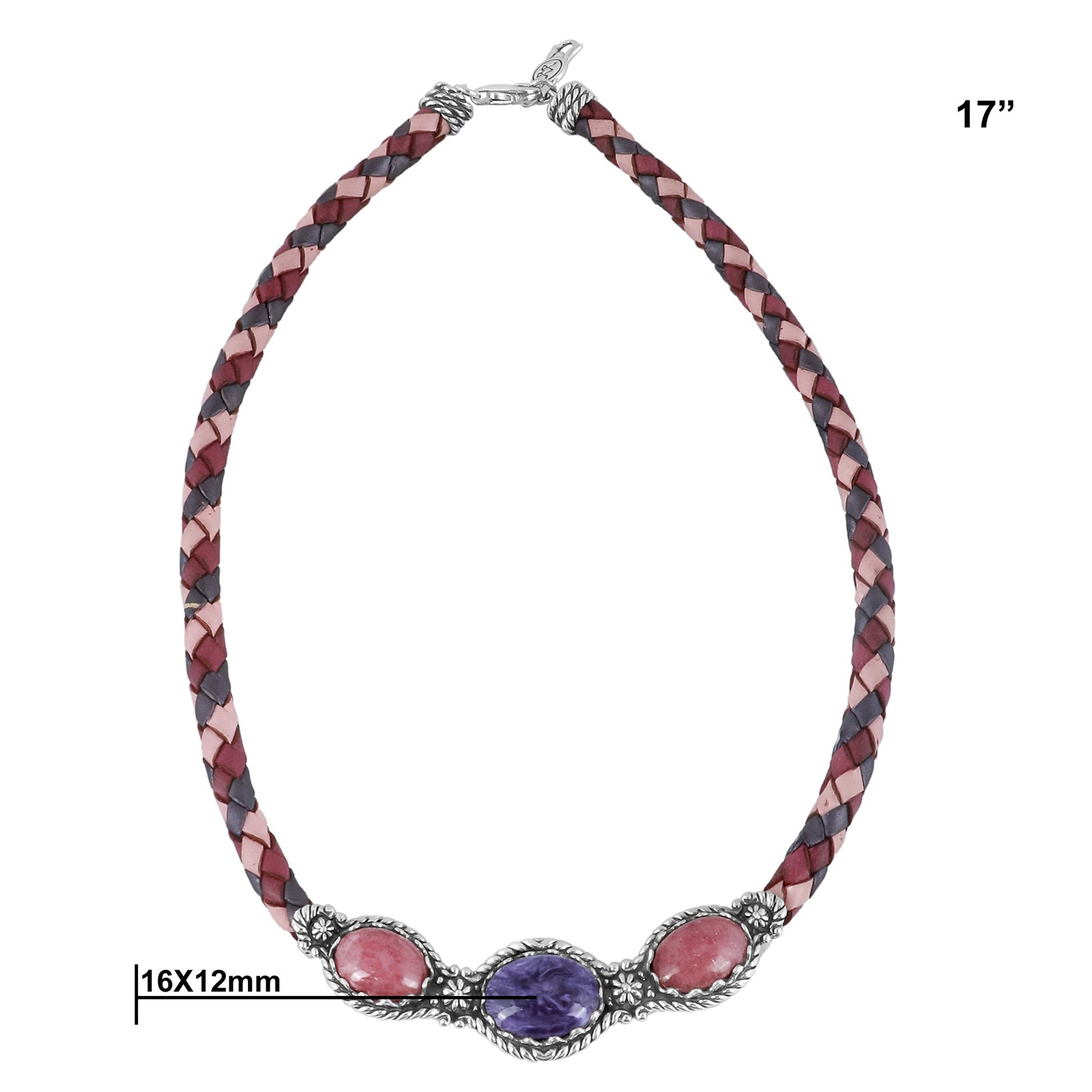 Sterling Silver Charoite and Rhodonite Pink Tonal Braided Leather 3-Stone Necklace