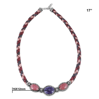 Sterling Silver Charoite and Rhodonite Pink Tonal Braided Leather 3-Stone Necklace