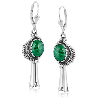 EXCLUSIVELY OURS! Sterling Silver Malachite Leaf and Squash Blossom Design Dangle Earrings