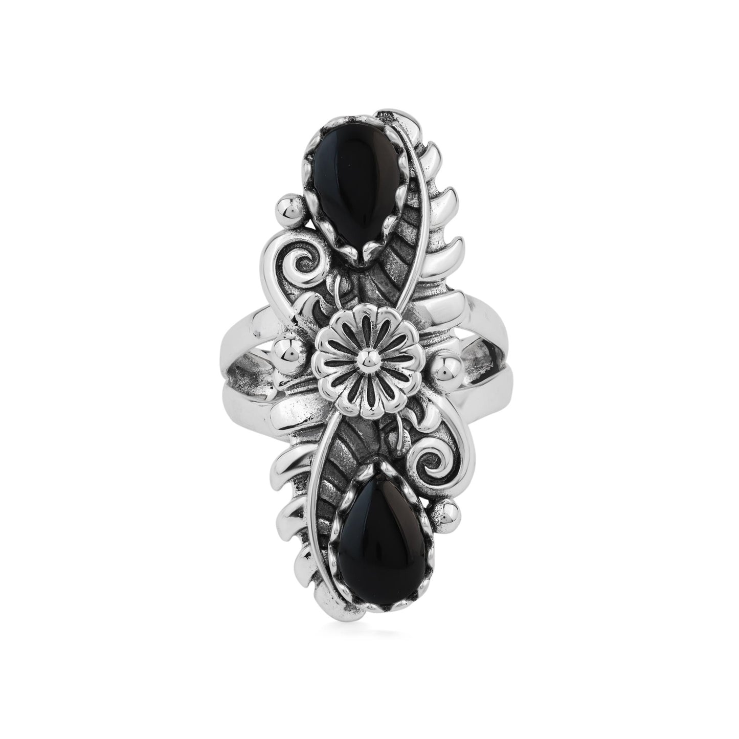  Sterling Silver Black Onyx Pear-Cut Leaf and Flower Ring 