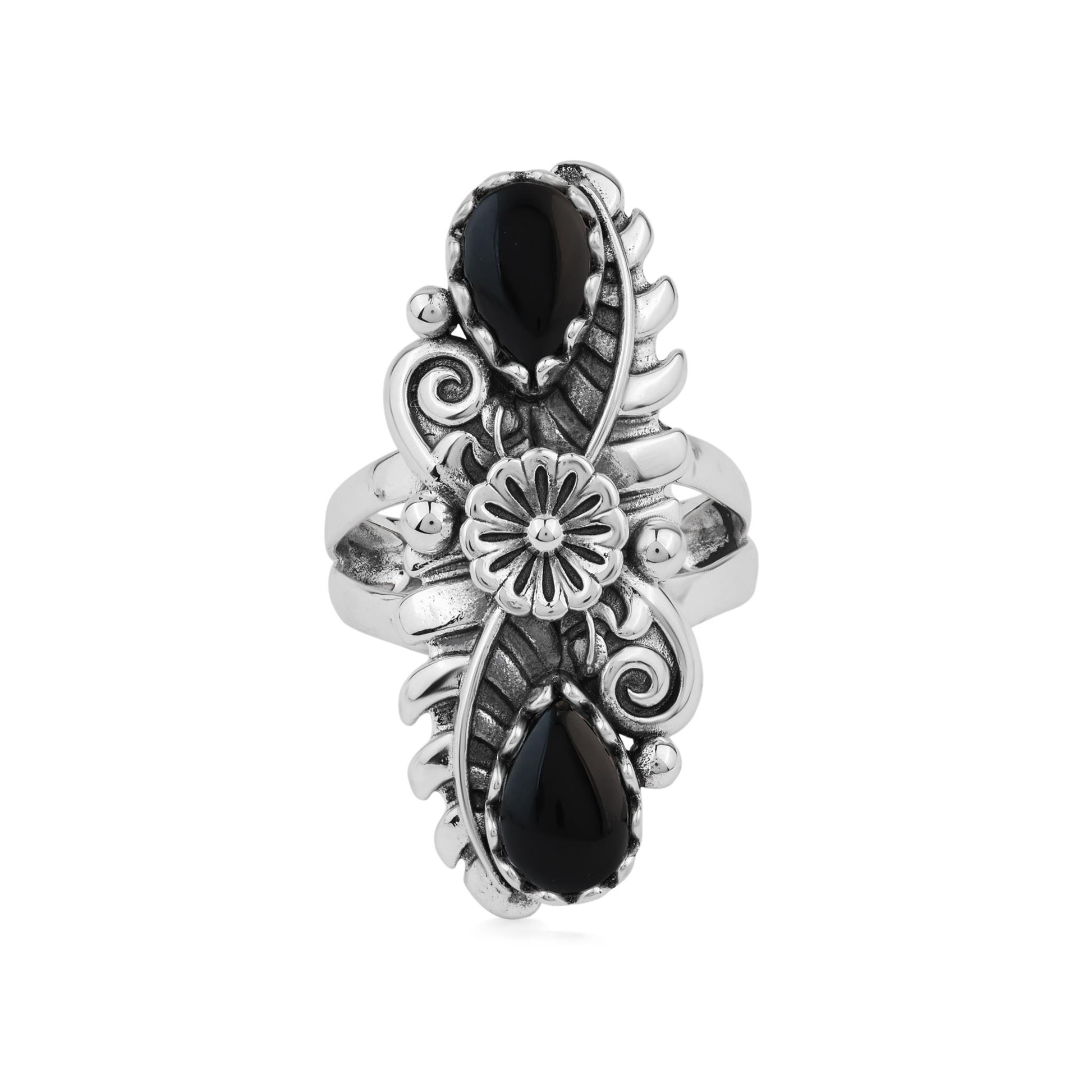  Sterling Silver Black Onyx Pear-Cut Leaf and Flower Ring 