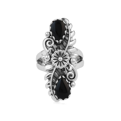 Sterling Silver Black Onyx Pear-Cut Leaf and Flower Ring 