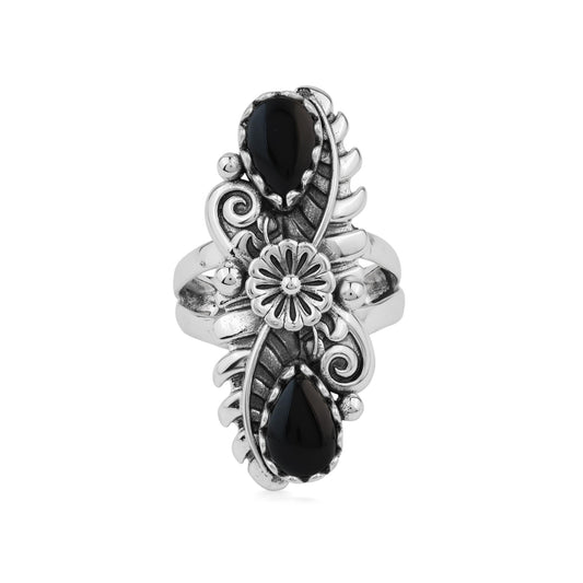  Sterling Silver Black Onyx Pear-Cut Leaf and Flower Ring 