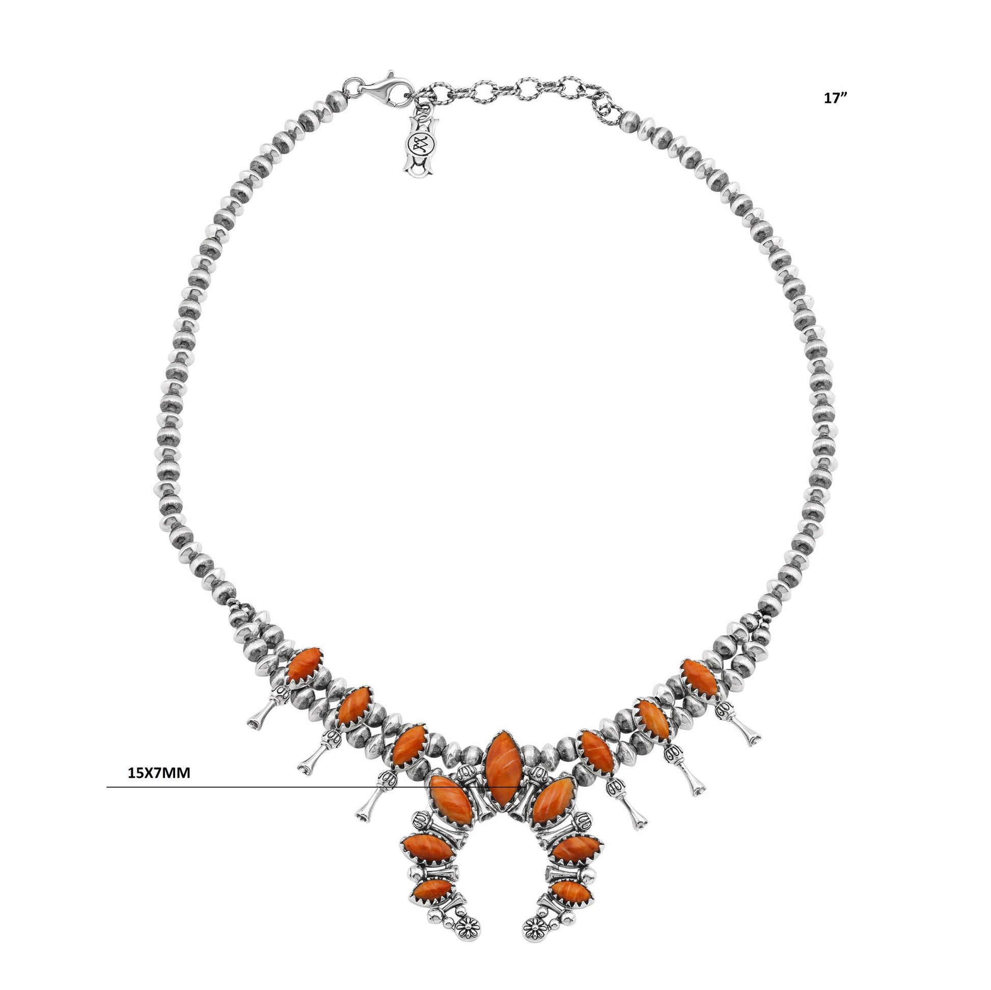  Sterling Silver Orange Spiny Oyster Marquise-Cut Squash Blossom Necklace