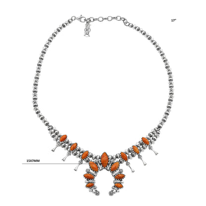  Sterling Silver Orange Spiny Oyster Marquise-Cut Squash Blossom Necklace