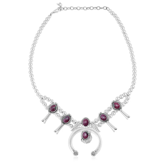Sterling Silver Ruby Zoisite Oval Squash Blossom Necklace 