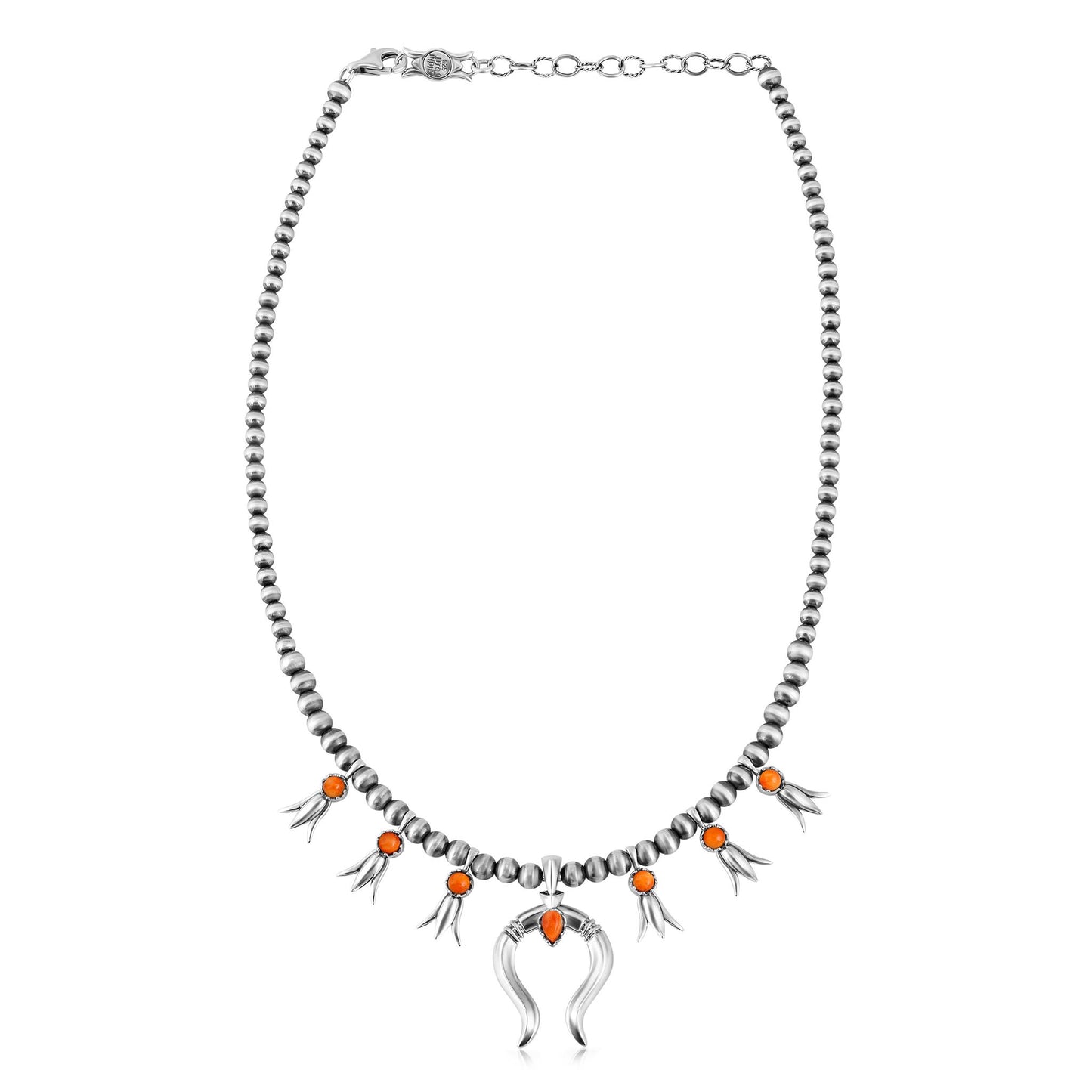Sterling Silver Orange Spiny Oyster Beaded Squash Blossom Necklace