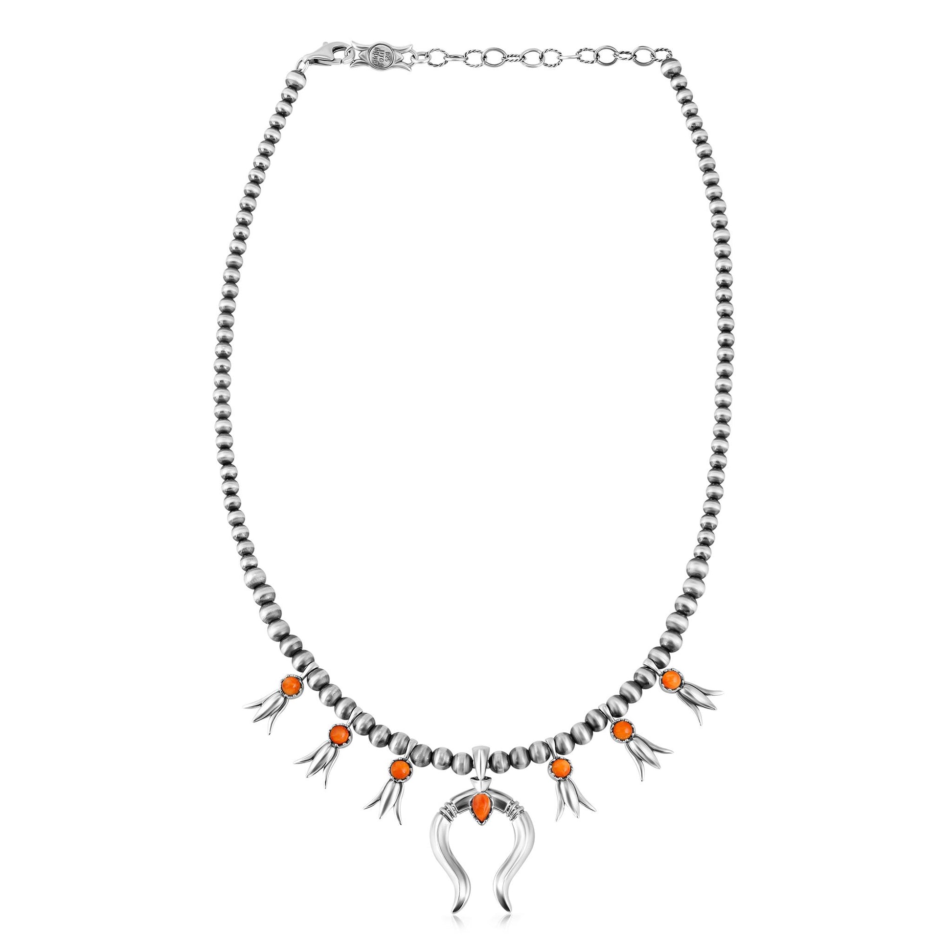 Sterling Silver Orange Spiny Oyster Beaded Squash Blossom Necklace