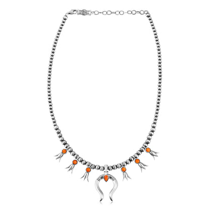 Sterling Silver Orange Spiny Oyster Beaded Squash Blossom Necklace