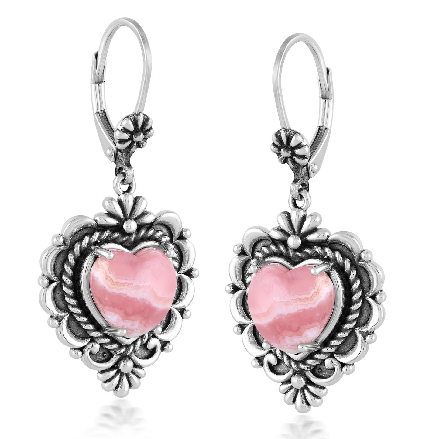 Sterling Silver Rhodochrosite Heart Lever Back Earrings