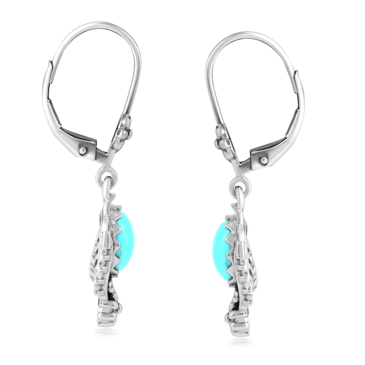 Sterling Silver Sleeping Beauty Turquoise Oval Concha and Leaf Dangle Earrings