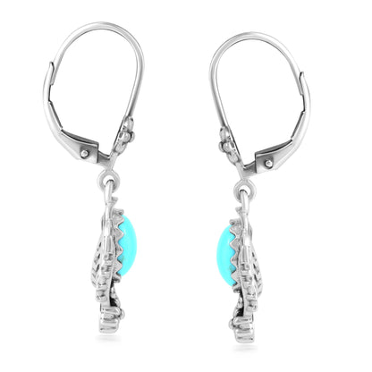 Sterling Silver Sleeping Beauty Turquoise Oval Concha and Leaf Dangle Earrings