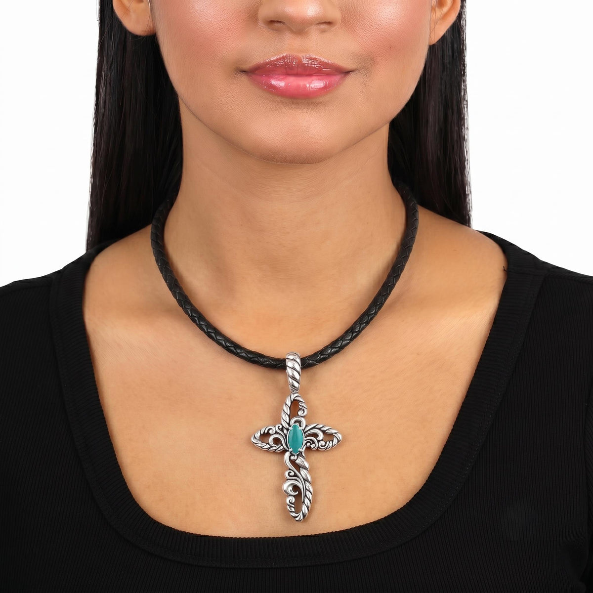 Sterling Silver Green Turquoise Rope Cross Pendant Enhancer
