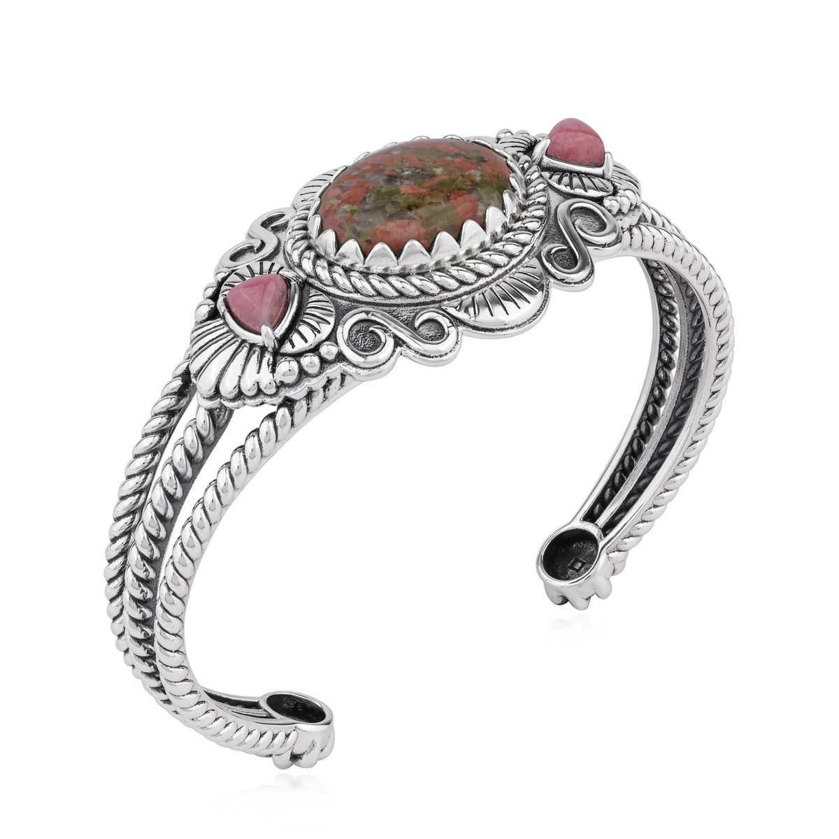 Sterling Silver Unakite and Rhodonite Oval and Trillion Gemstone Cuff, Sizes Small and Large