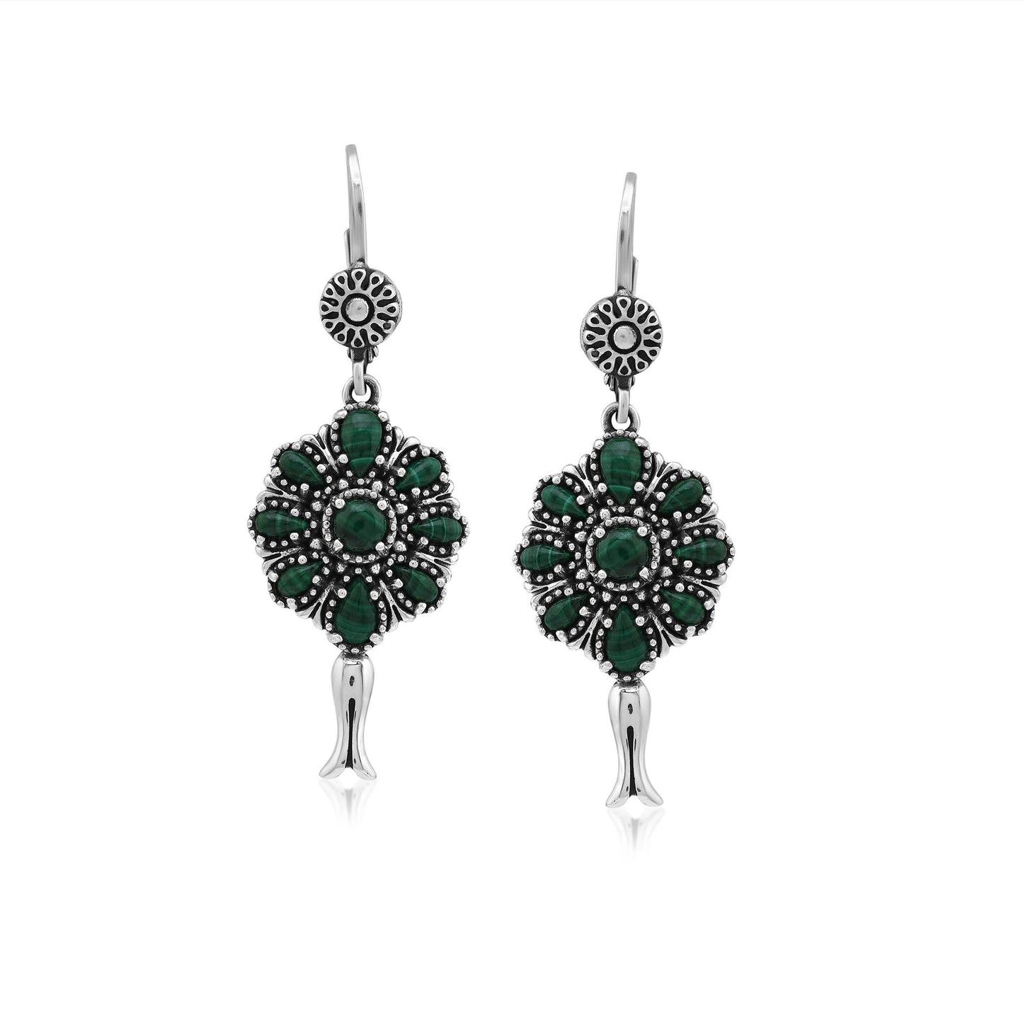  Sterling Silver Malachite Flower Cluster Squash Blossom Earrings