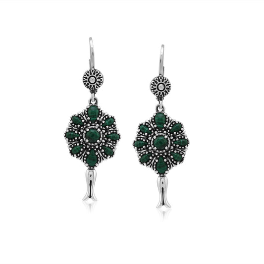  Sterling Silver Malachite Flower Cluster Squash Blossom Earrings