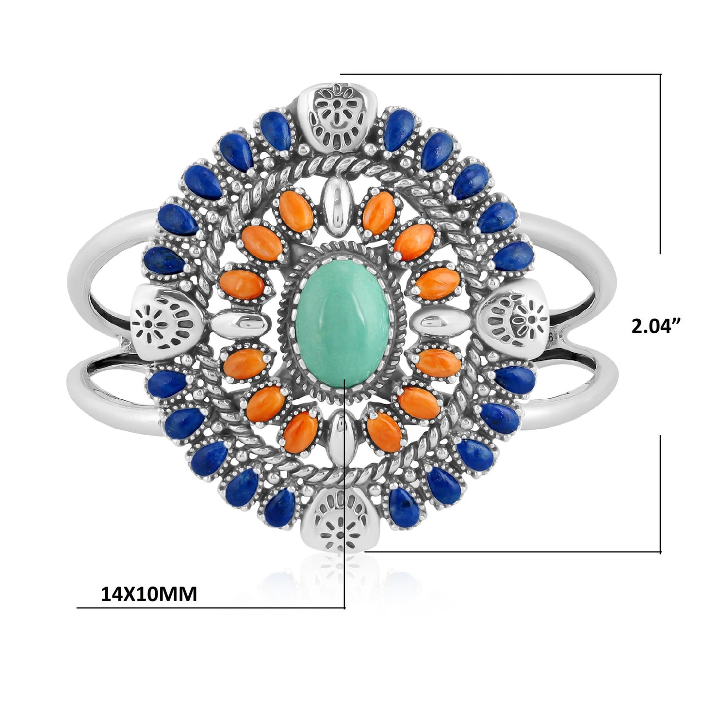 Sterling Silver Green Turquoise, Lapis and Orange Spiny Oyster Floral Cluster Cuff Bracelet