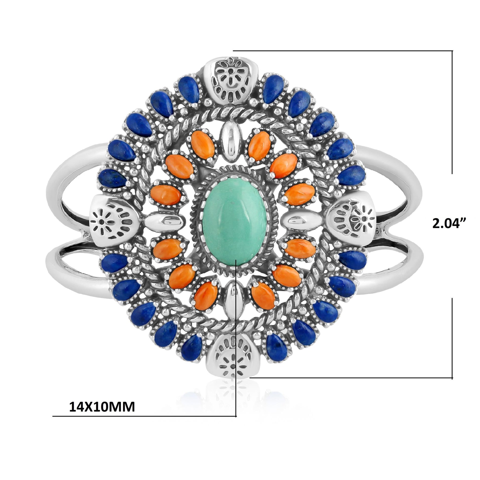 Sterling Silver Green Turquoise, Lapis and Orange Spiny Oyster Floral Cluster Cuff Bracelet