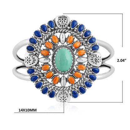 Sterling Silver Green Turquoise, Lapis and Orange Spiny Oyster Floral Cluster Cuff Bracelet