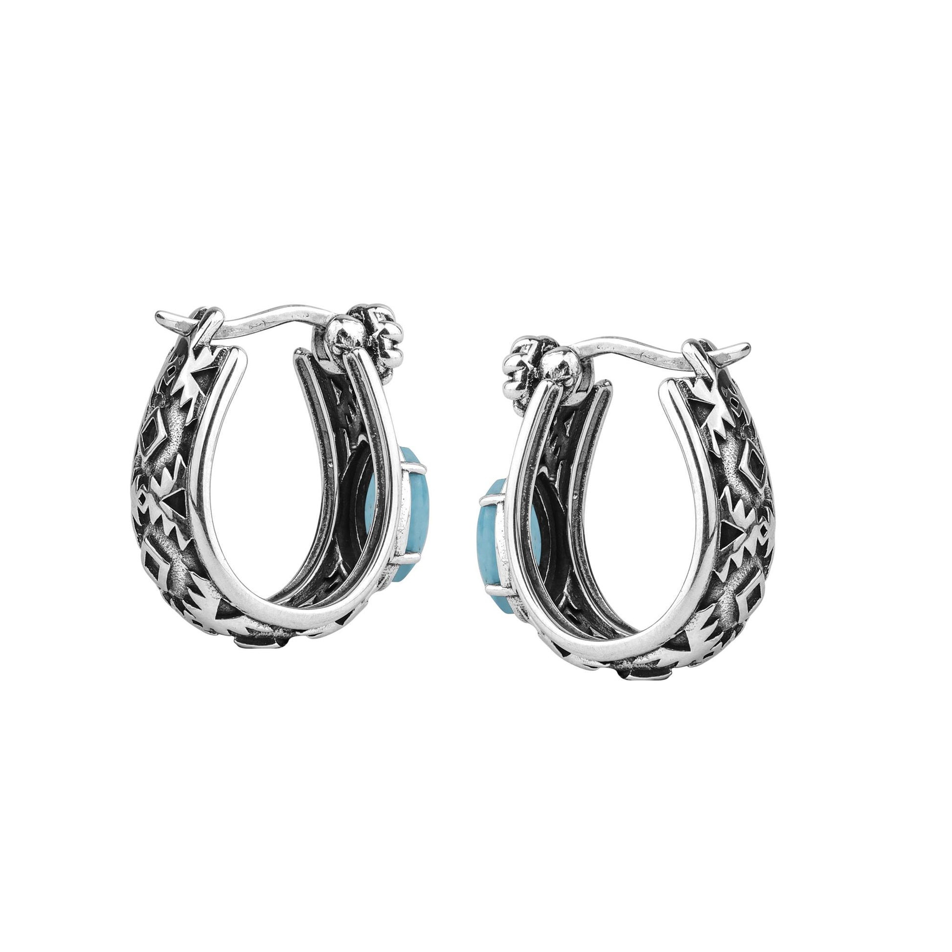 Sterling Silver Kingman Turquoise Marquise Cut Huggie Hoop Earrings 