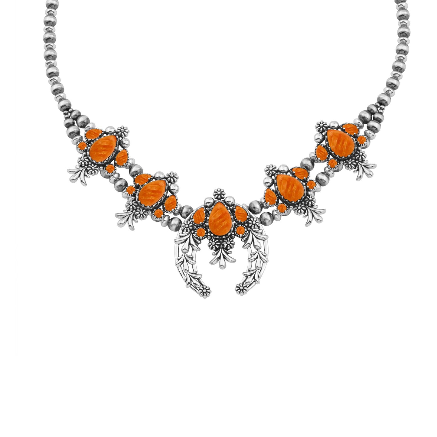LIMITED EDITION! Sterling Silver Orange Spiny Oyster Pear Cut Squash Blossom Naja Necklace, 17 to 20 Inches