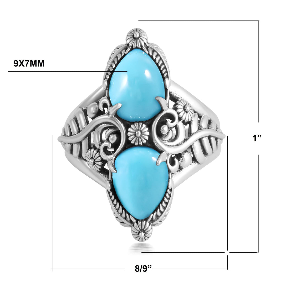 Sterling Silver Kingman Turquoise Double-Pear Ring, Sizes 5 to 11