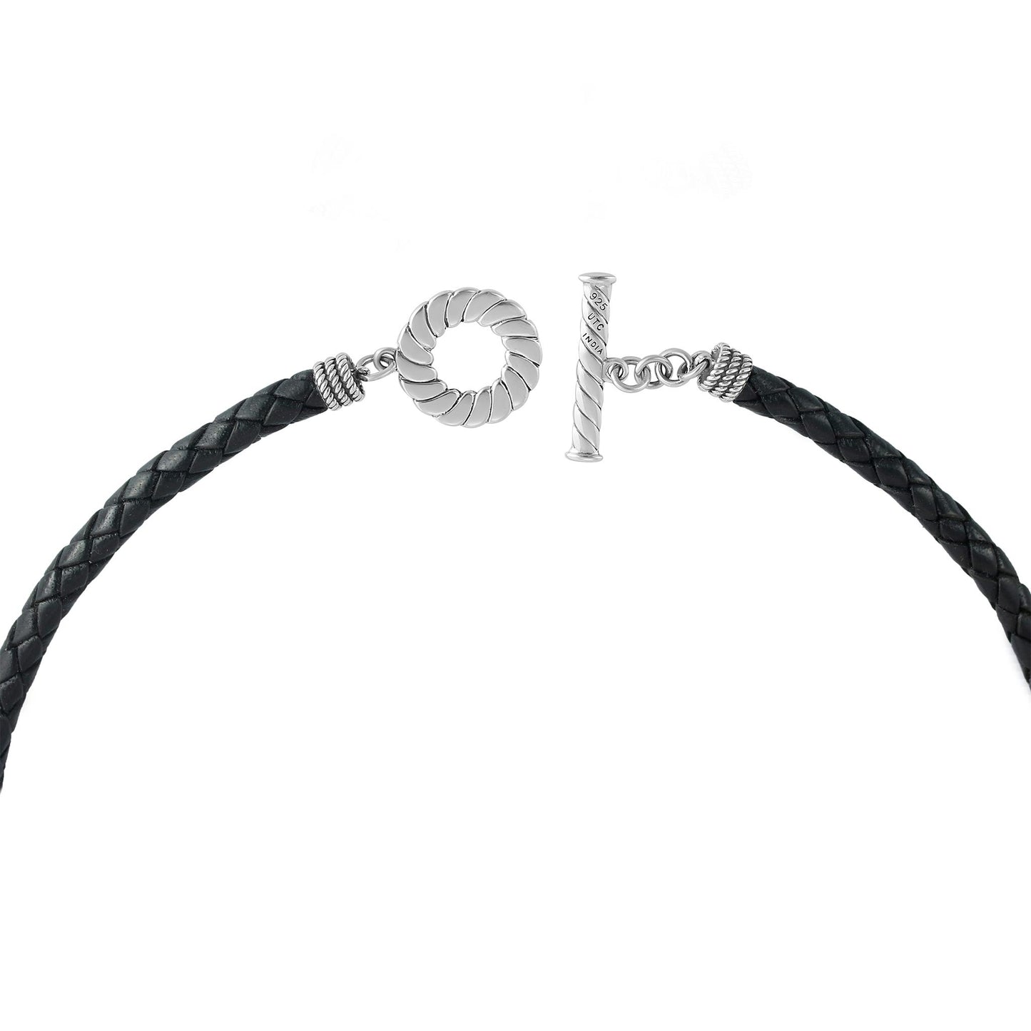 Sterling Silver Braided Black Leather Toggle Necklace