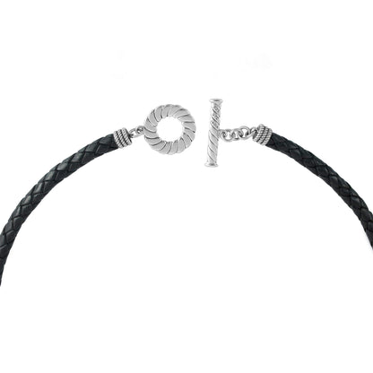 Sterling Silver Braided Black Leather Toggle Necklace