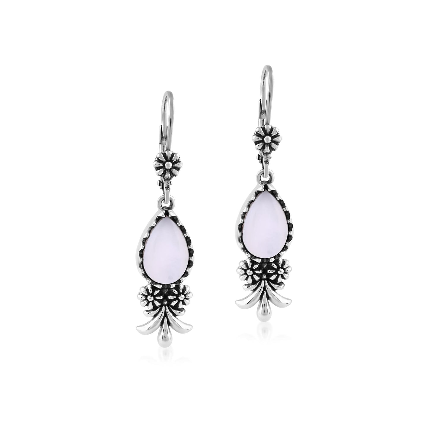  Sterling Silver White Mother of Pearl Teardrop Concha Squash Blossom Dangle Earrings
