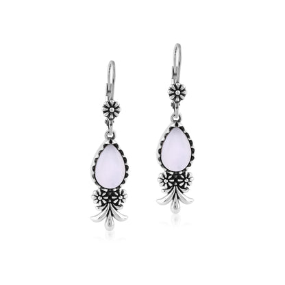  Sterling Silver White Mother of Pearl Teardrop Concha Squash Blossom Dangle Earrings