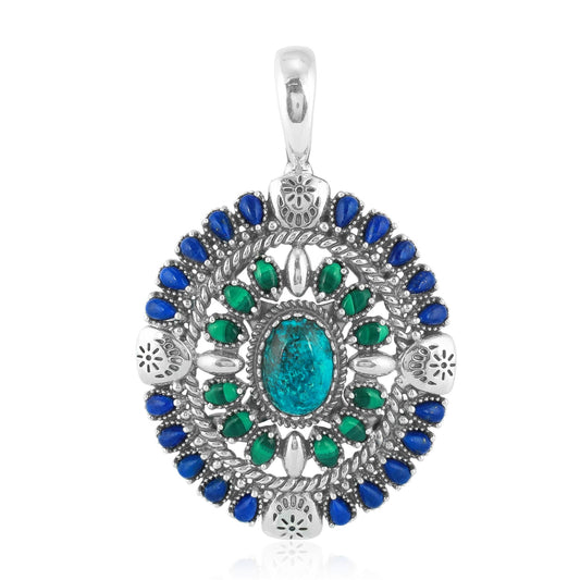 Sterling Silver Chrysocolla Malachite and Lapis Oval Floral Cluster Pendant Enhancer