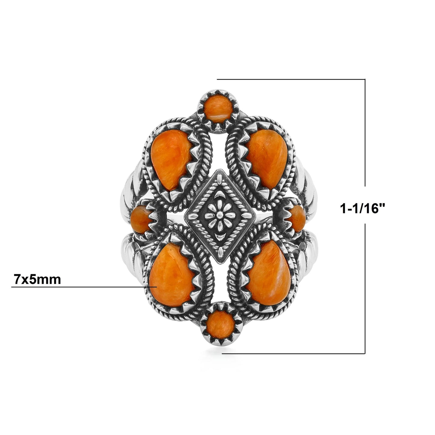 Sterling Silver Orange Spiny Oyster 4 Pear and Round Cut Cluster Ring