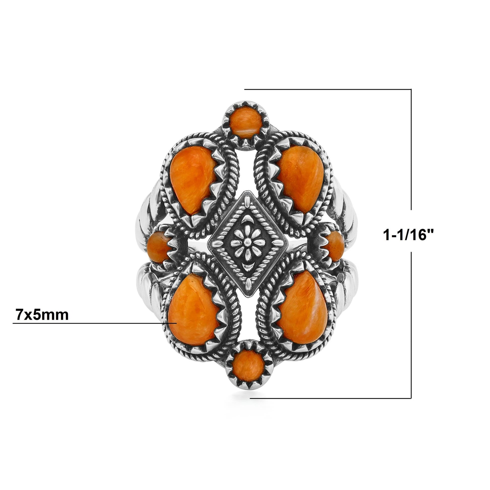 Sterling Silver Orange Spiny Oyster 4 Pear and Round Cut Cluster Ring