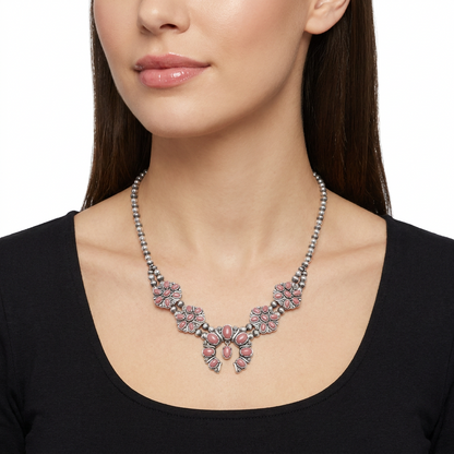  Sterling Silver Rhodonite Oval Cluster Naja Necklace